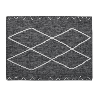 Start2Finish Moroccan indoor/outdoor rug with intricate geometric patterns in vibrant colors on textured fabric.