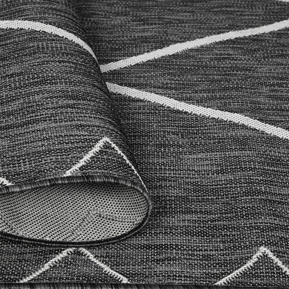 Start2Finish Moroccan indoor/outdoor rug with intricate geometric patterns in vibrant colors on a durable fabric surface.