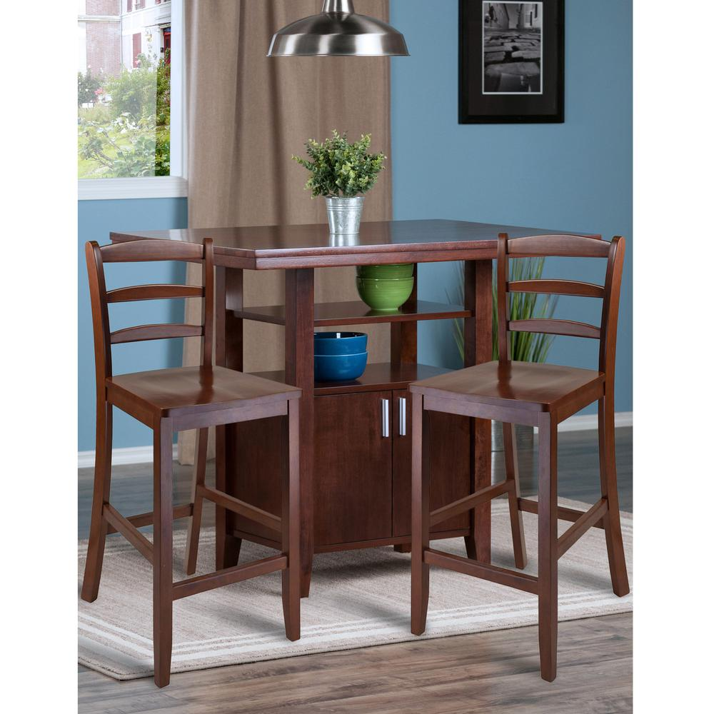 Start2Finish Albany 3-piece high table set with ladder back counter stools, featuring wooden surfaces and metal legs.
