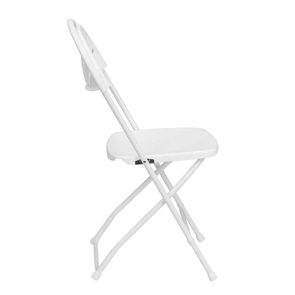 Two white plastic fan back folding chairs with 650 lb. capacity from Start2Finish, ideal for indoor and outdoor seating.