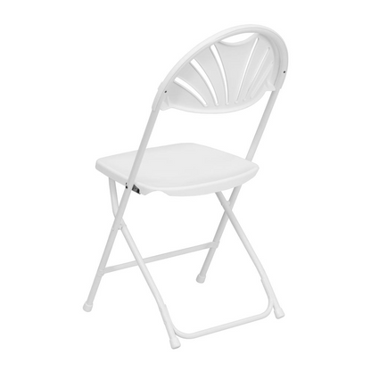 Two white plastic fan back folding chairs with 650 lb. capacity from Start2Finish, shown folded and unfolded for versatile seating.