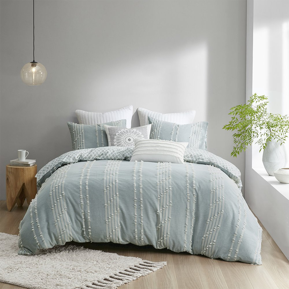 Start2Finish 3-piece cotton jacquard duvet cover set featuring elegant woven pattern on soft fabric for a cozy bedroom look.