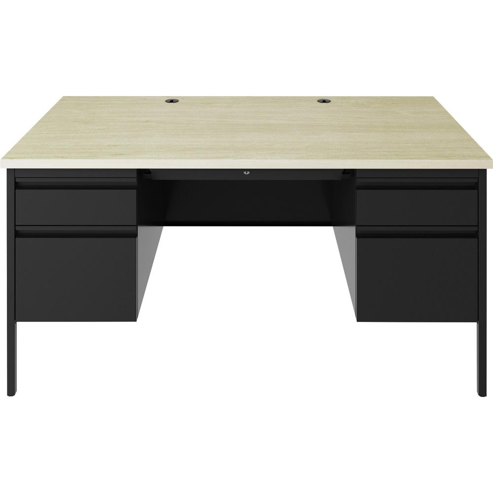 Lorell Fortress Series double-pedestal desk in black steel with 60-inch width, 1.1-inch top, and file drawers.