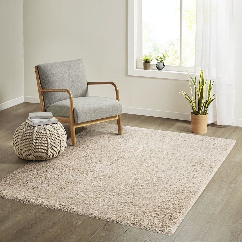 Super soft polyester shag area rug by Start2Finish with plush, thick pile and textured surface in neutral tones.