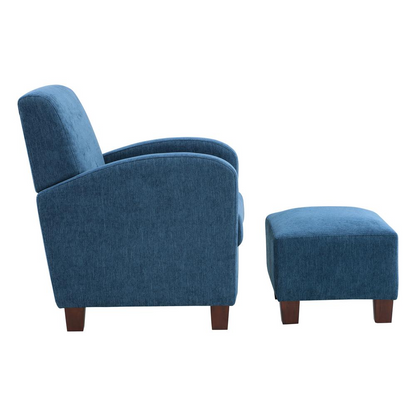 Start2Finish Aiden Chair and Ottoman in navy herringbone fabric with medium espresso legs, showcasing stylish and comfortable living room furniture.