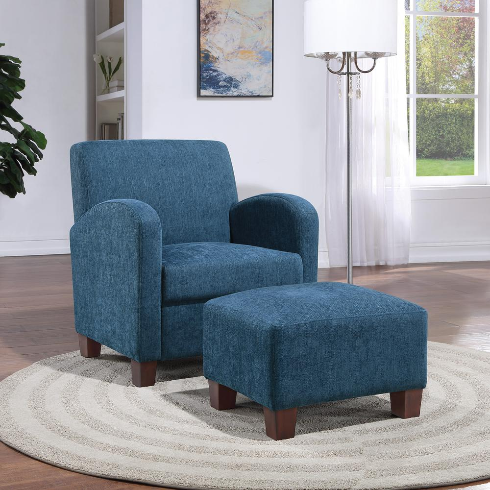 Start2Finish Aiden navy herringbone chair with matching ottoman, medium espresso legs, stylish and comfortable living room furniture.
