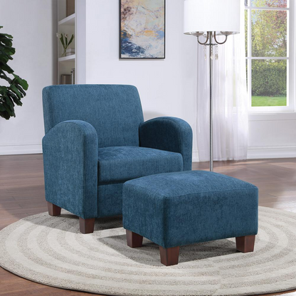 Start2Finish Aiden navy herringbone chair with matching ottoman, medium espresso legs, stylish and comfortable living room furniture.