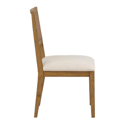 Set of two Alaina Cane Back Dining Chairs by Start2Finish with linen fabric and coastal wash finish, showing their elegant design.