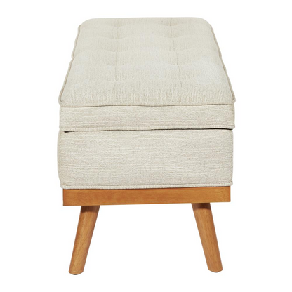 Katheryn storage bench by Start2Finish with linen fabric and light espresso wood legs, featuring a cushioned top and built-in storage.