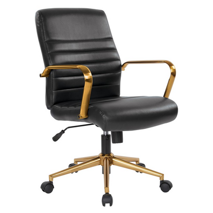 Mid-back black faux leather chair with gold finish arms and base, sleek modern design by Start2Finish.