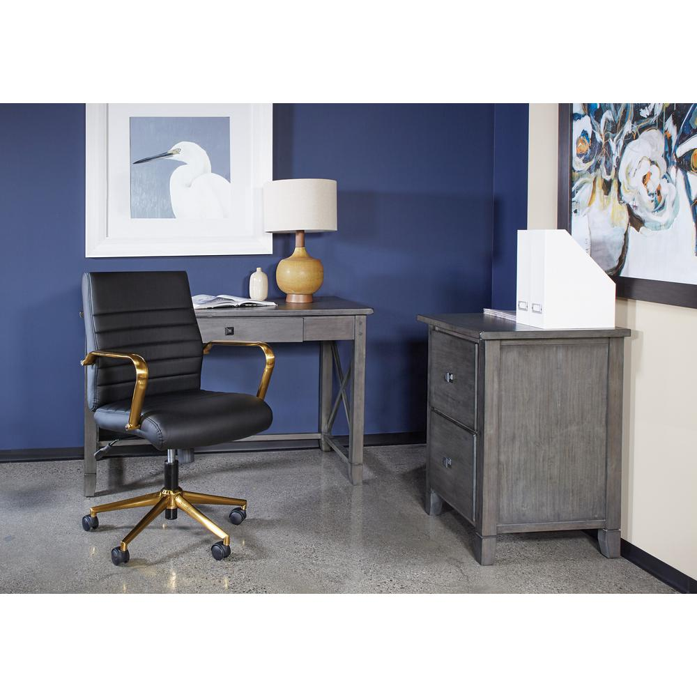 Mid-back black faux leather office chair with gold finish arms and base, modern design, brand Start2Finish.