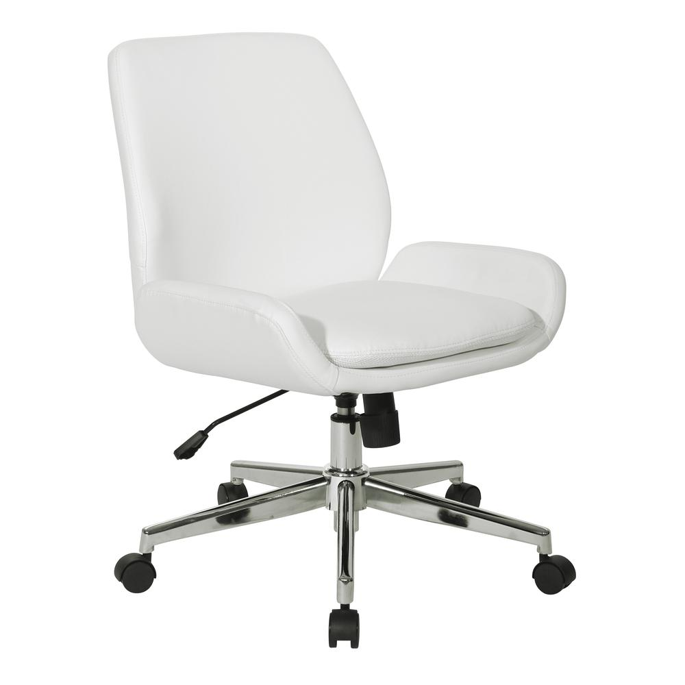 White faux leather chair with chrome base, modern furniture by Start2Finish, showcasing a sleek, stylish design.