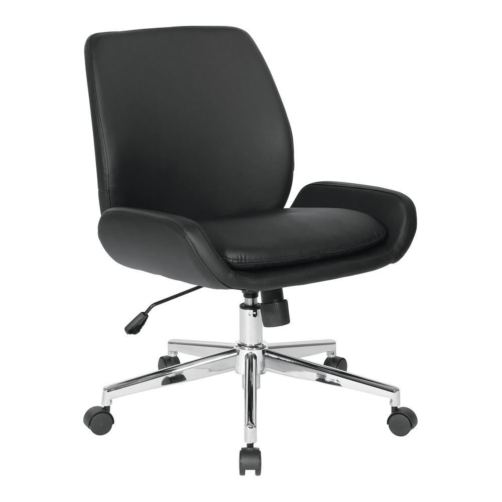 Black faux leather chair with chrome finish base from Start2Finish, modern office or accent seating with sleek design.