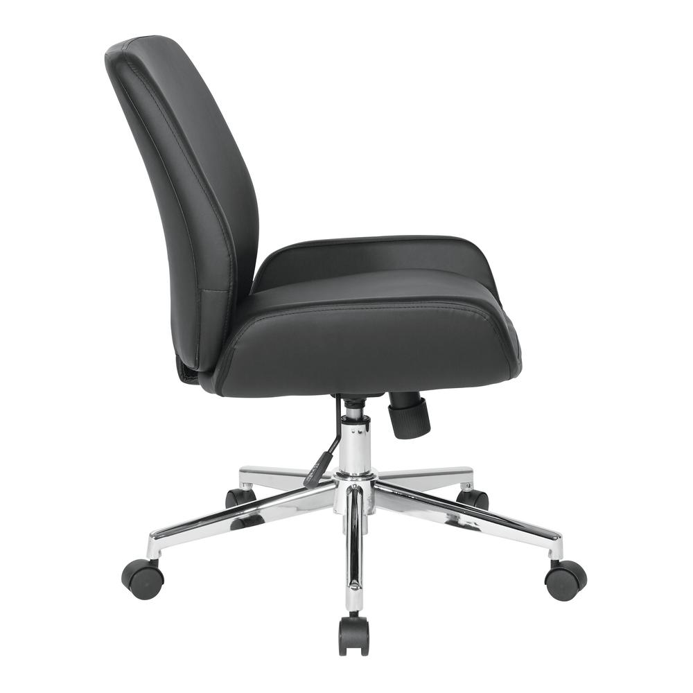 Black faux leather chair with chrome finish base, modern ergonomic design, and sleek metal legs.