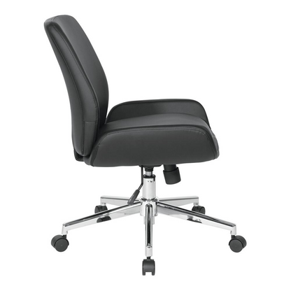 Black faux leather chair with chrome finish base, modern ergonomic design, and sleek metal legs.