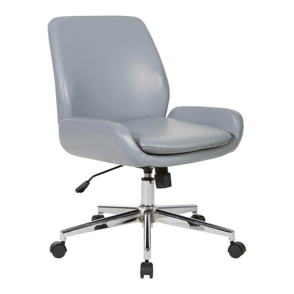 Charcoal grey faux leather chair with chrome finish base, modern furniture piece from Start2Finish, sleek and stylish seating option.