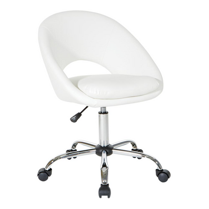 Start2Finish Milo height adjustable home office chair with white faux leather upholstery and chrome base, ergonomic and stylish.