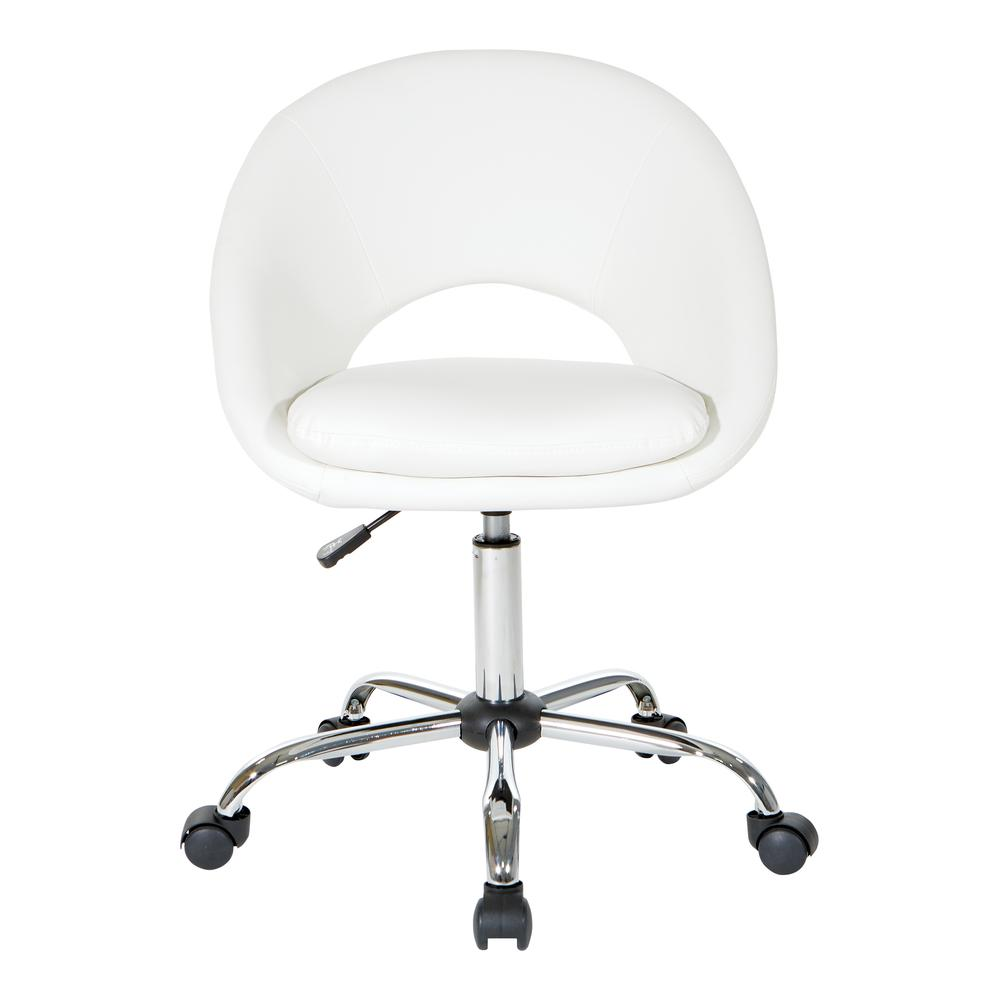 Start2Finish Milo height adjustable office chair in white faux leather with chrome base and armrests, ergonomic and modern design.
