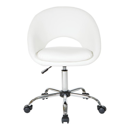 Start2Finish Milo height adjustable office chair in white faux leather with chrome base and armrests, ergonomic and modern design.