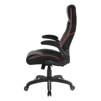 Red faux leather Xeno Gaming Chair by Start2Finish with ergonomic design and adjustable armrests, shown from a side angle.