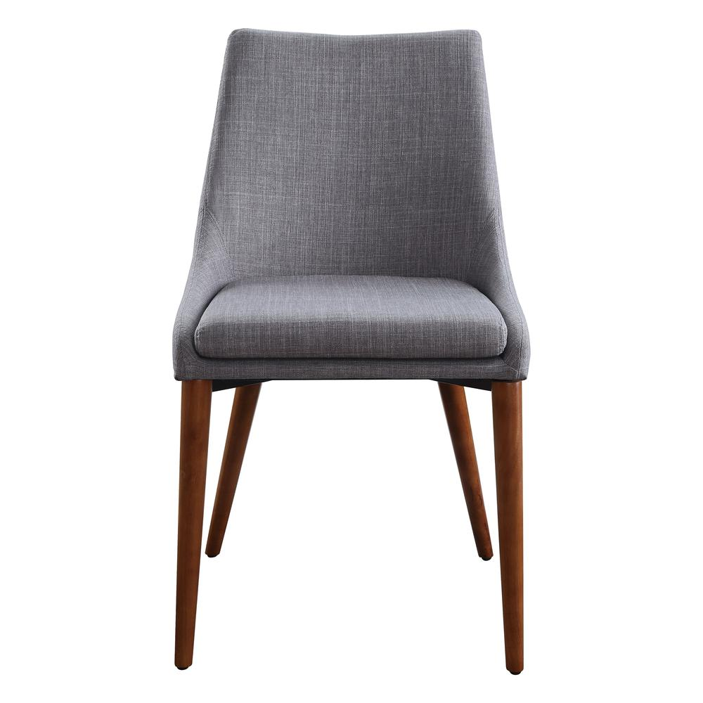 Pair of Palmer Mid-Century Modern fabric dining accent chairs in Dove fabric by Start2Finish, showing sleek wooden legs and soft upholstery.