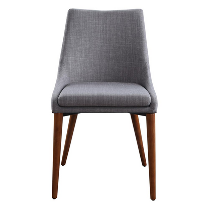 Pair of Palmer Mid-Century Modern fabric dining accent chairs in Dove fabric by Start2Finish, showing sleek wooden legs and soft upholstery.