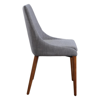 Pair of Palmer Mid-Century Modern fabric dining accent chairs in dove grey with wooden legs, designed for stylish dining spaces.