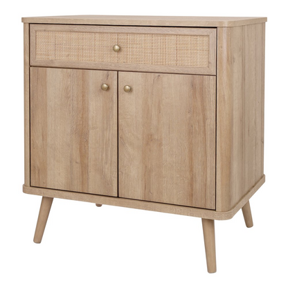 Small Thelma KD Rattan cabinet by Start2Finish with one drawer, two doors, and rattan accents, showcasing durable furniture design.