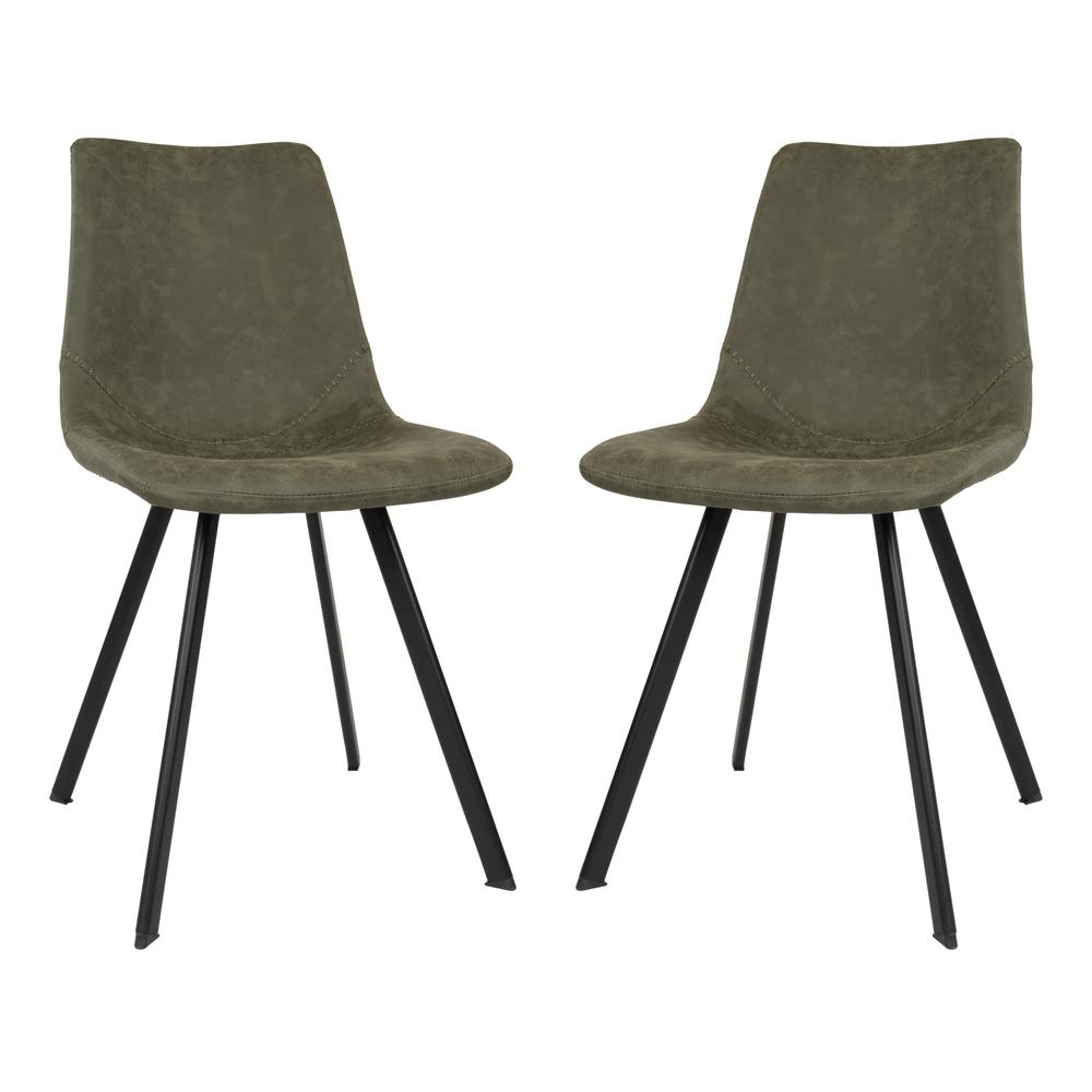 Set of two Markley modern leather dining chairs with metal legs, featuring sleek design and cushioned seats for dining room elegance.