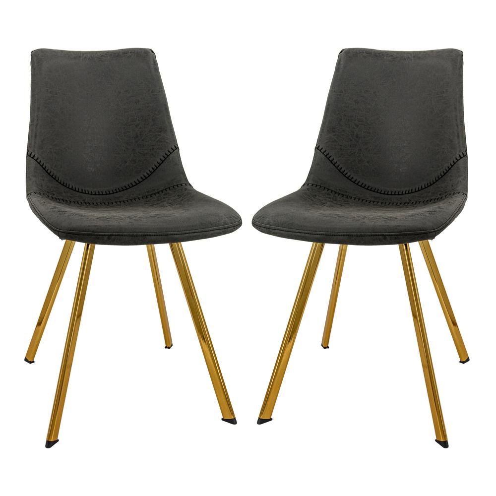 Pair of Markley modern leather dining chairs with gold metal legs from Start2Finish, featuring sleek black leather upholstery and contemporary design.