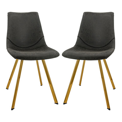 Pair of Markley modern leather dining chairs with gold metal legs from Start2Finish, featuring sleek black leather upholstery and contemporary design.