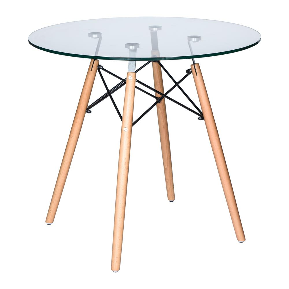 Dover round bistro glass-top dining table with natural wood Eiffel-style base by Start2Finish, showcasing a modern furniture design.