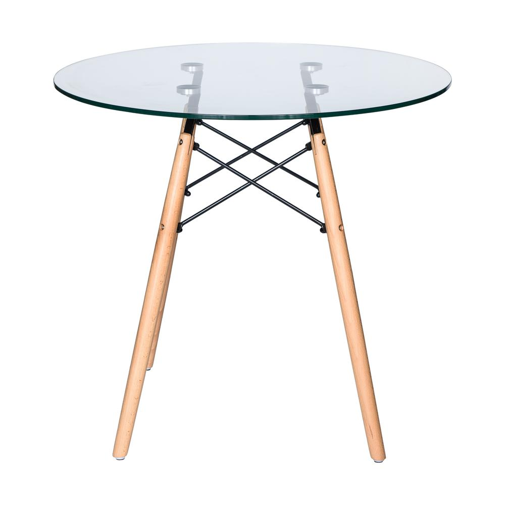 Dover round bistro dining table with glass top and natural wood Eiffel base, modern furniture by Start2Finish