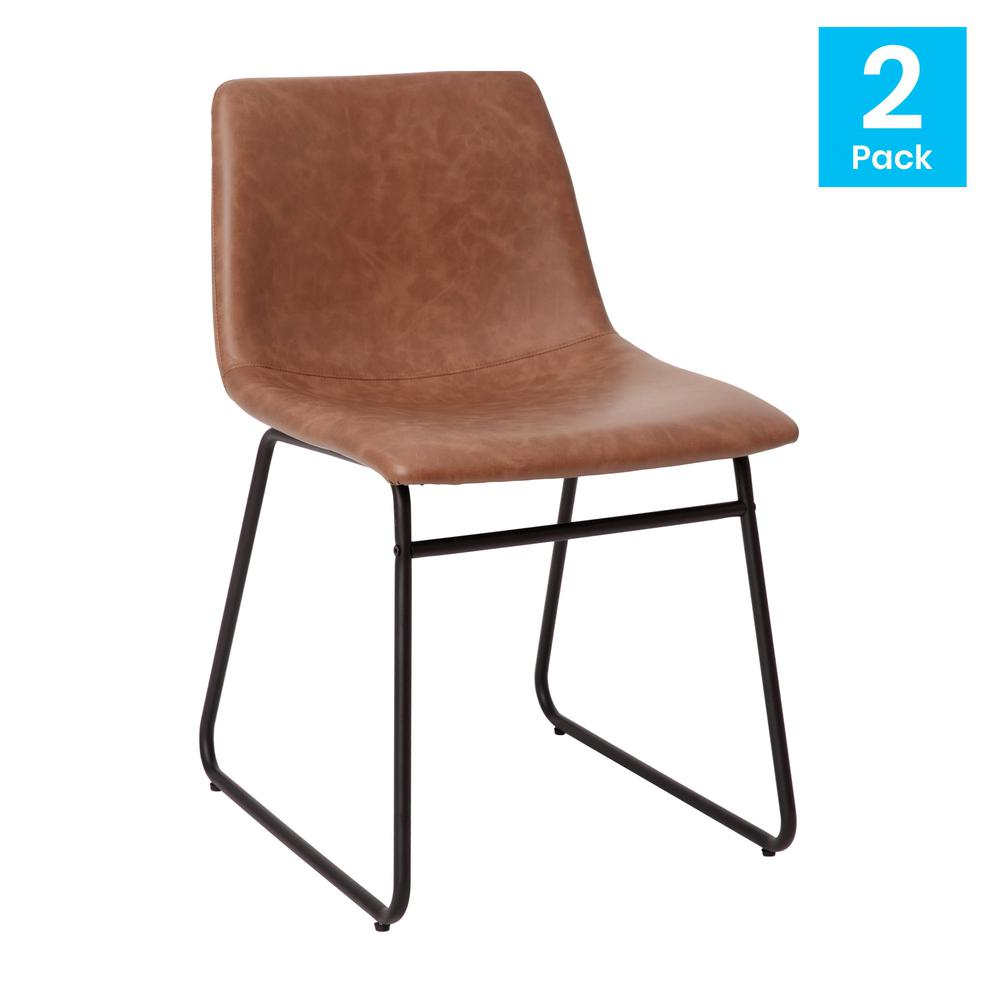 Set of 2 Start2Finish 18-inch mid-back sled base dining chairs with light brown seats and black metal frames.