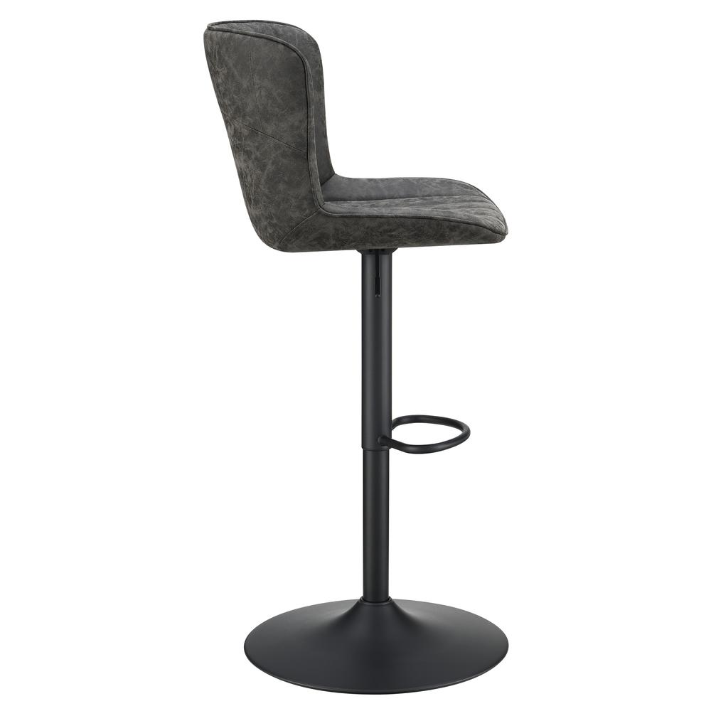Two Kirkdale adjustable stools in charcoal faux leather with wooden legs, designed for modern furniture and seating comfort.