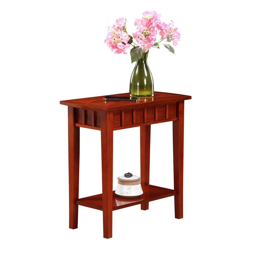 Dennis end table with shelf in rich mahogany wood, featuring a sleek design and sturdy construction for living room decor.