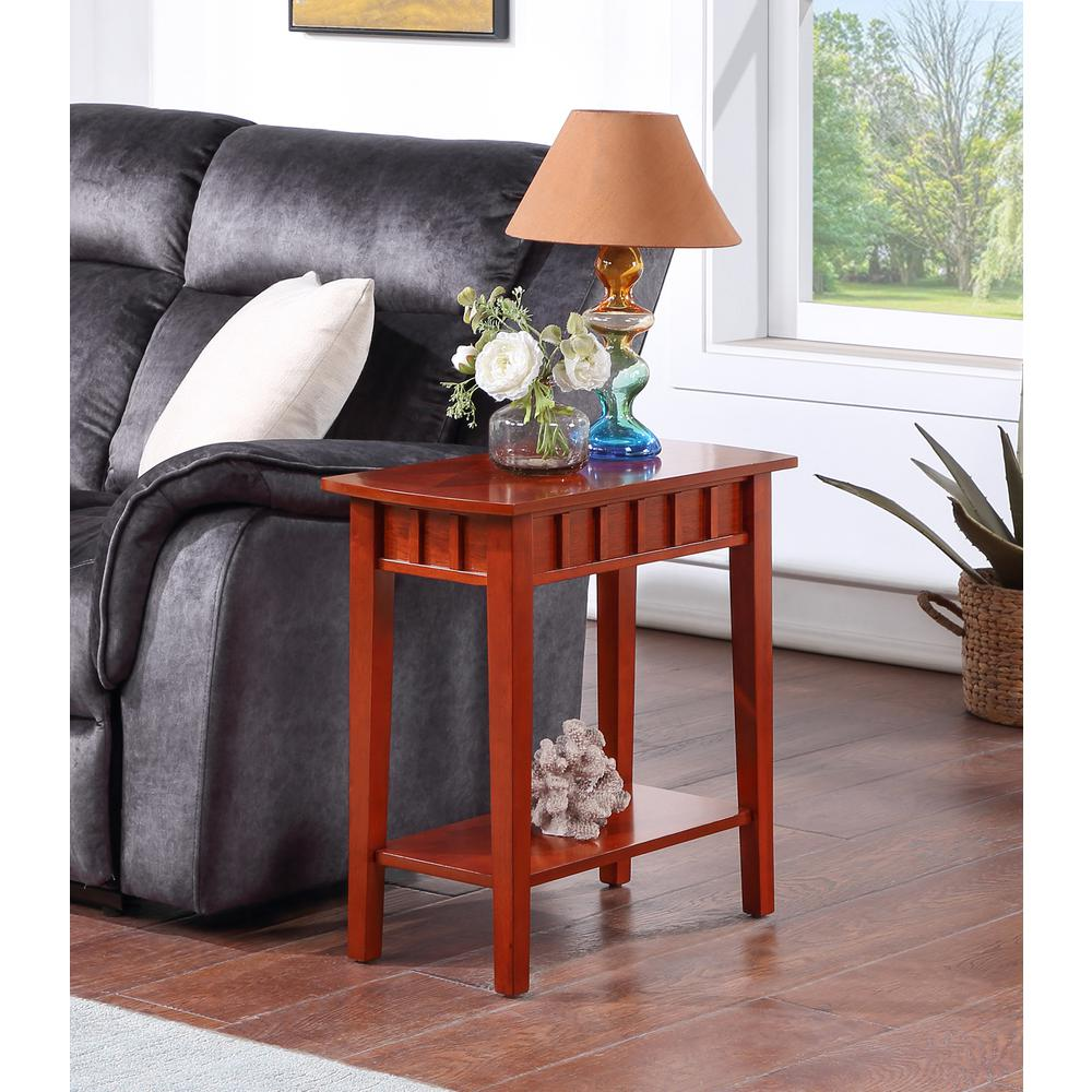 Mahogany Dennis end table with shelf by Start2Finish, showcasing a sleek wooden design with a lower storage shelf.