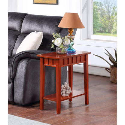 Mahogany Dennis end table with shelf by Start2Finish, showcasing a sleek wooden design with a lower storage shelf.