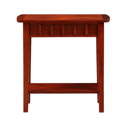 Dennis End Table with Shelf from Start2Finish, Mahogany finish, showing a compact wooden side table with a lower shelf for storage.