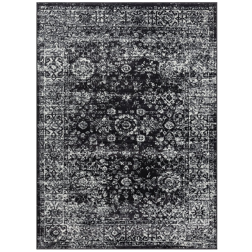 Distressed vintage Persian woven area rug with intricate patterns in muted tones, showcasing a rustic, aged look.