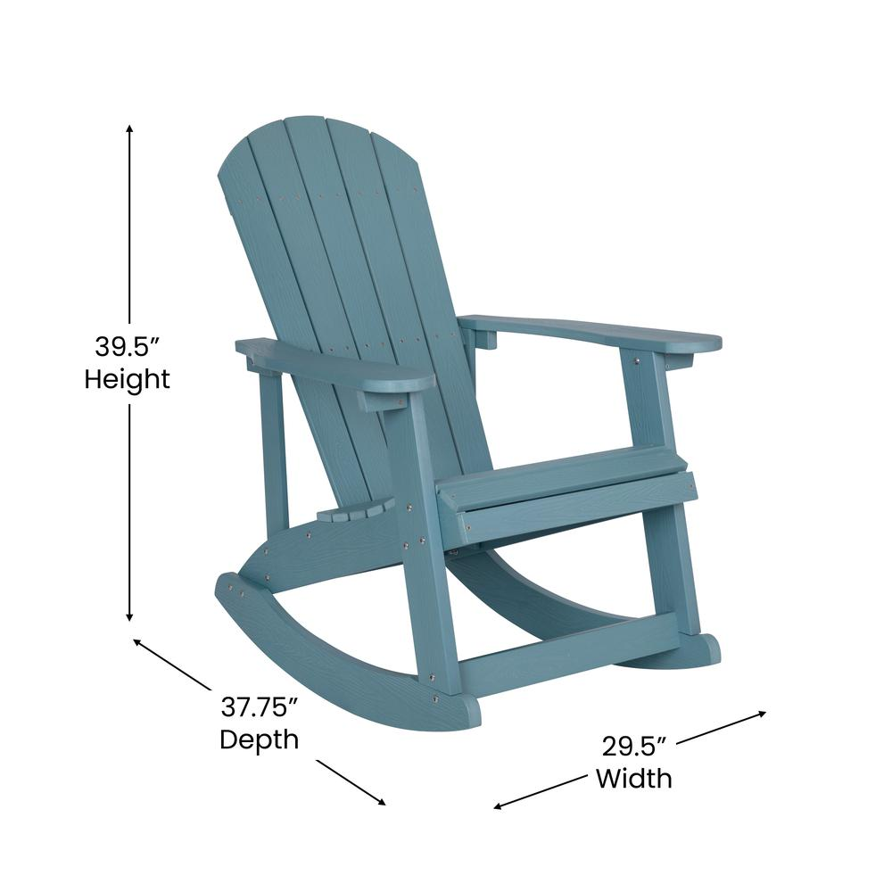 Start2Finish Adirondack rocking chair in sea foam color, featuring wide armrests and a classic outdoor furniture design.