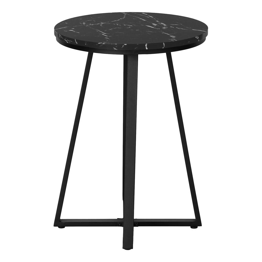 Black round side accent table with lamp, ideal as a nightstand or end table in living room or bedroom, by Start2Finish.