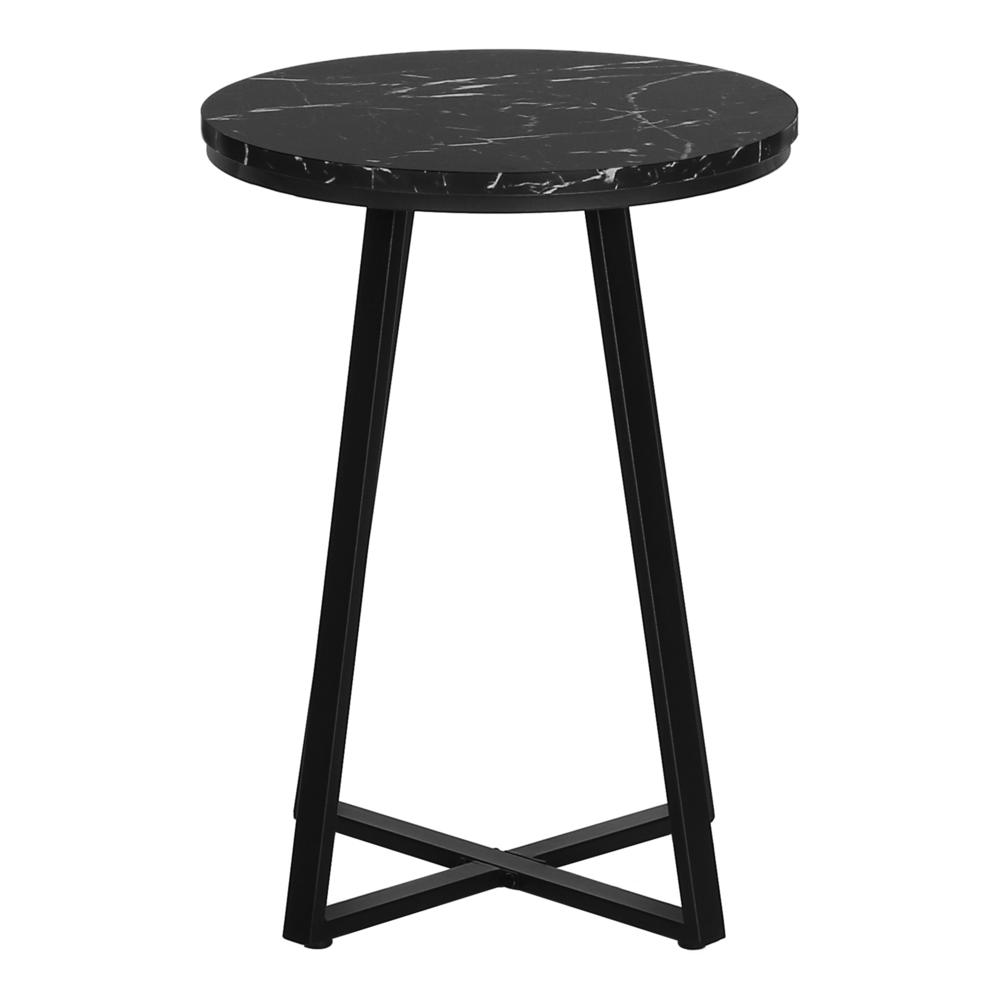 Black round accent side table with lamp, ideal as a nightstand or end table in living room or bedroom furniture.