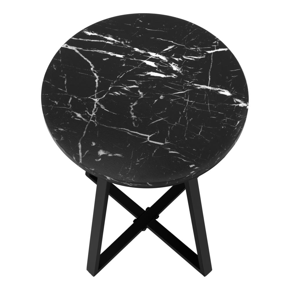 Black round accent side table by Start2Finish, versatile end table with lamp in living room or bedroom setting.