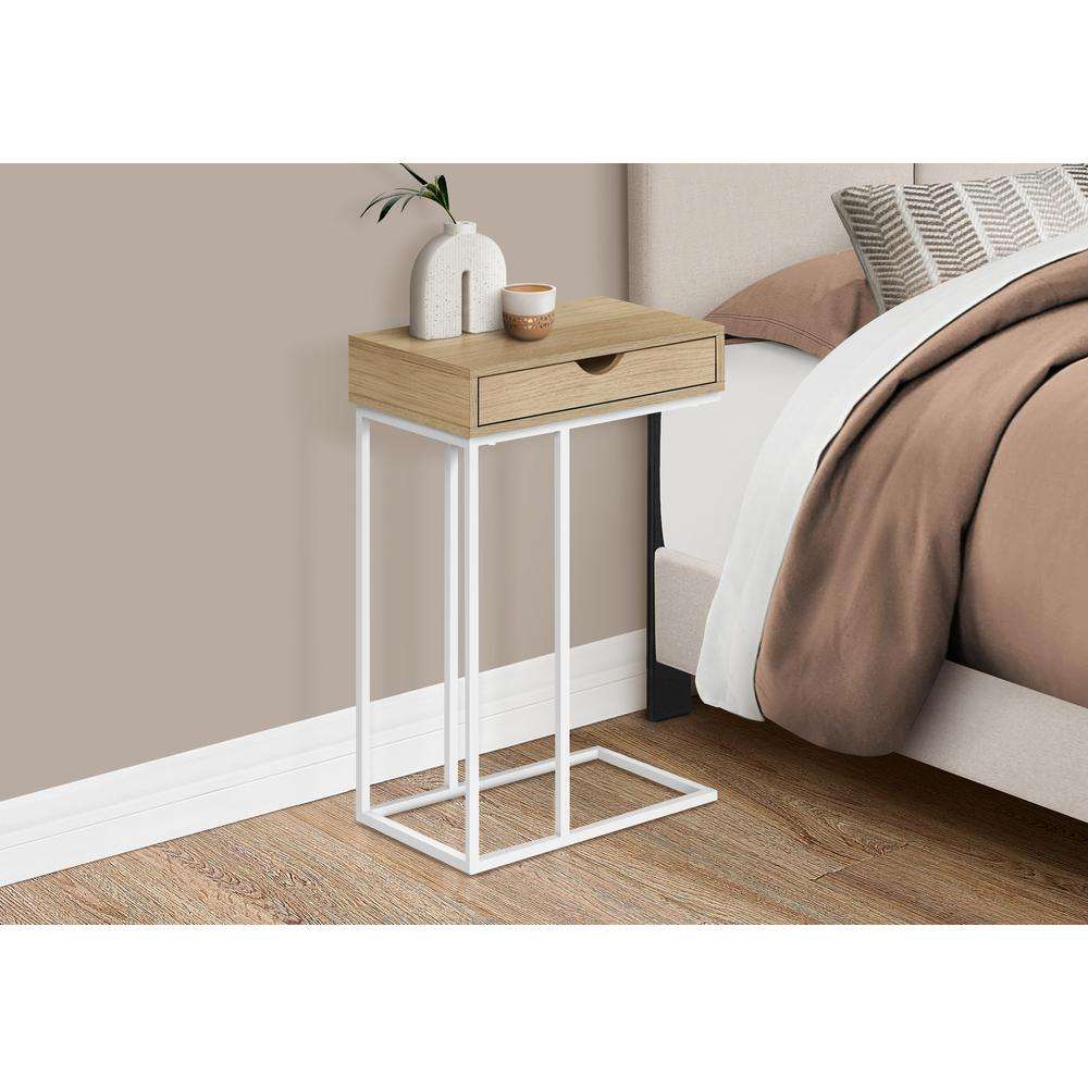 Start2Finish C-shaped accent table with storage drawer, end table for living room or bedroom, featuring a sleek design and functional surface.