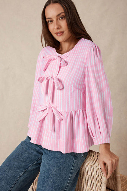 Pink stripe bowknot front crew neck puff sleeve blouse by Carmine Juneberry, featuring a stylish design and feminine details.