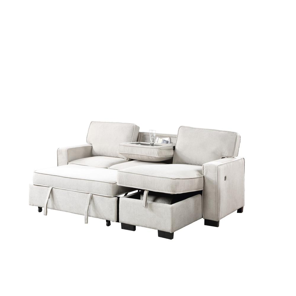 Start2Finish Estelle beige fabric reversible sleeper sectional with storage chaise, drop-down table, 2 cup holders, and 2 USB ports.