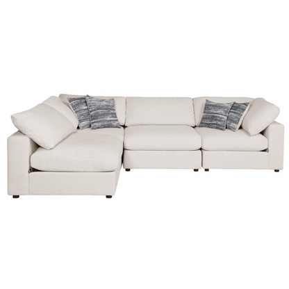 Beige upholstered Serene 6-piece modular sectional sofa by Start2Finish, shown with plush cushions and modern design.