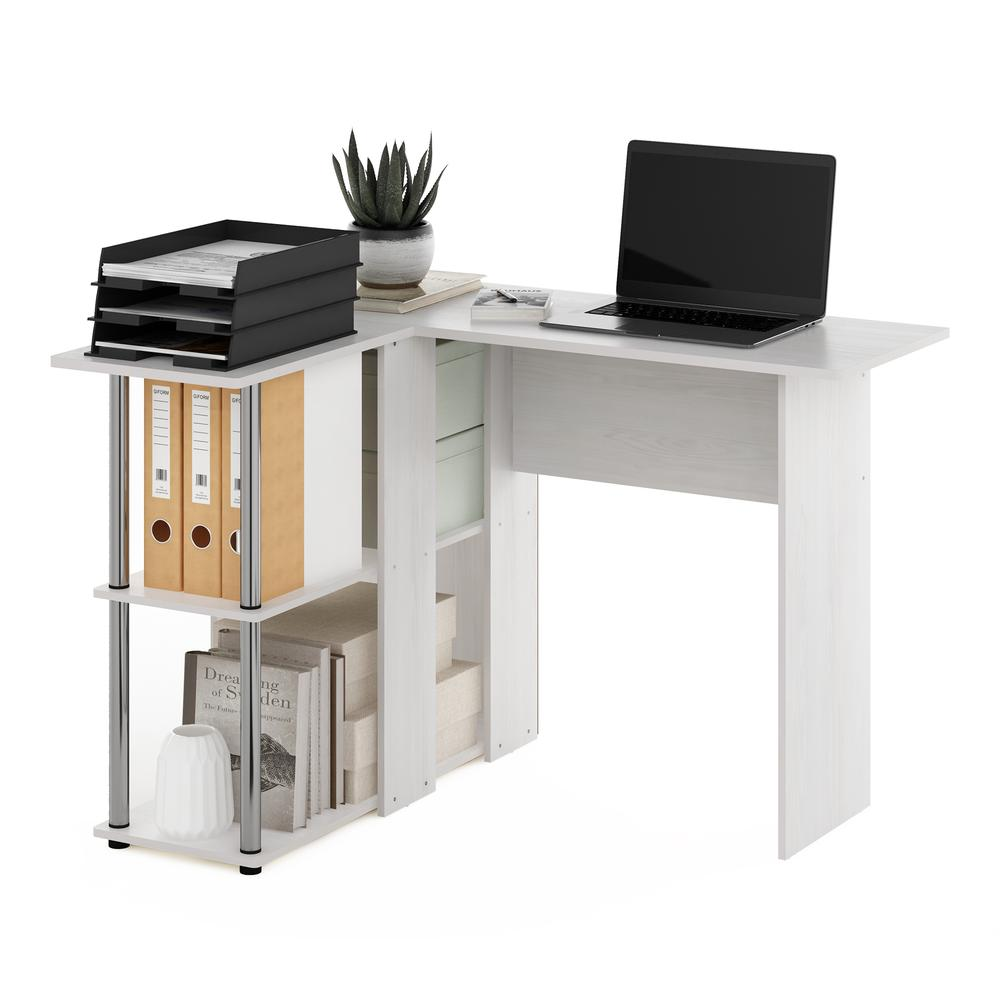 Furinno Abbott L-shape desk with bookshelf in white oak finish and stainless steel tubes, ideal for home office or workspace.