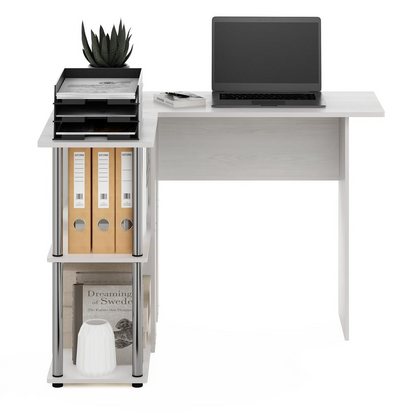 Start2Finish Furinno Abbott L-shape desk with bookshelf in White Oak featuring stainless steel tubes for a modern workspace.